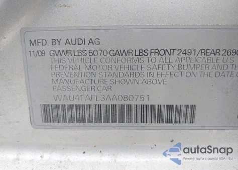 2010 Audi A4 2.0T Premium from USA, damaged, VIN WAU4FAFL3AA080751